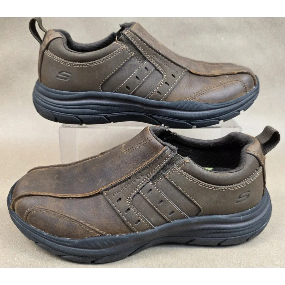 Skechers (Sz 8) Leather Relaxed Fit Goga Mat Arch Casual Loafer Shoes Mens